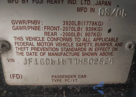 2007 Subaru Impreza 2.5I from USA, damaged, VIN JF1GD61677H502529